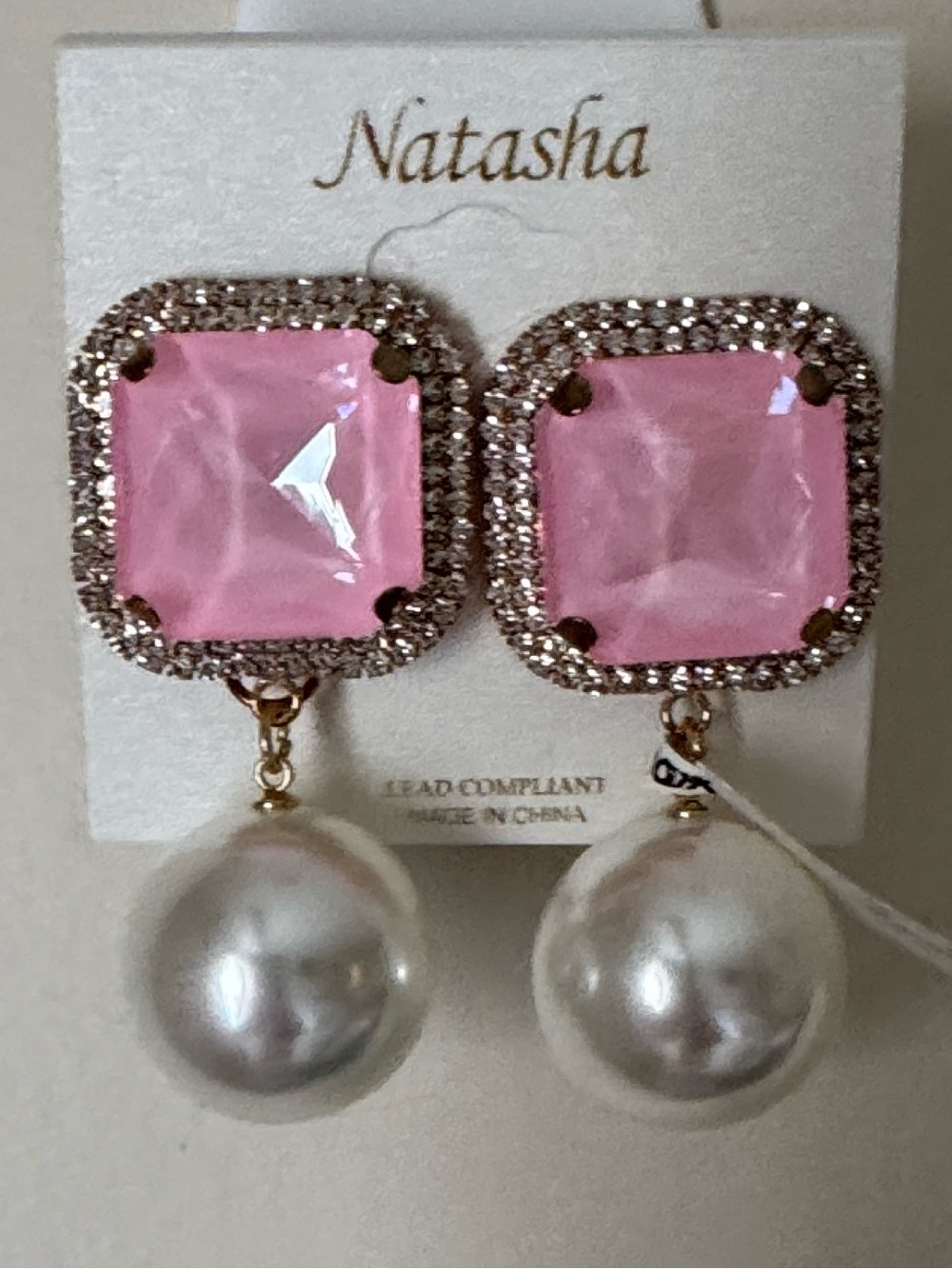 Natasha Over Sized Pearl Drop Pink Crystal Earrings new